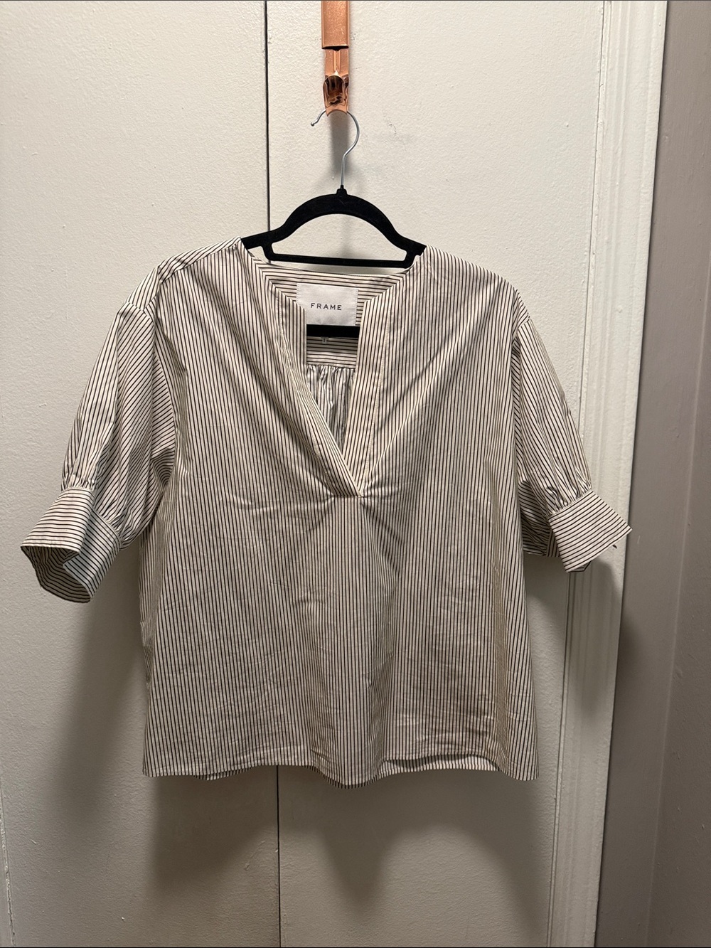 Frame Denim White with Black Pinstripe V-Neck Blouse